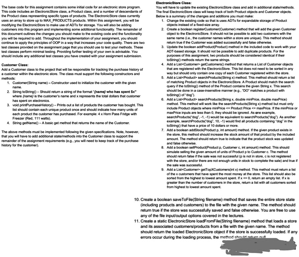 the question is in the provided image if there is something you cant see clearly please inform me electronicstore class you will have to update the existing electronicstore class and add in  74012