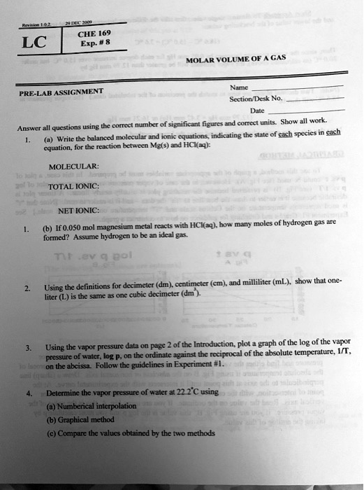 SOLVED: CHE 169 Exp- # 8 LC MOLAR VOLUME OF GAS Pre-Lab Assignment ...