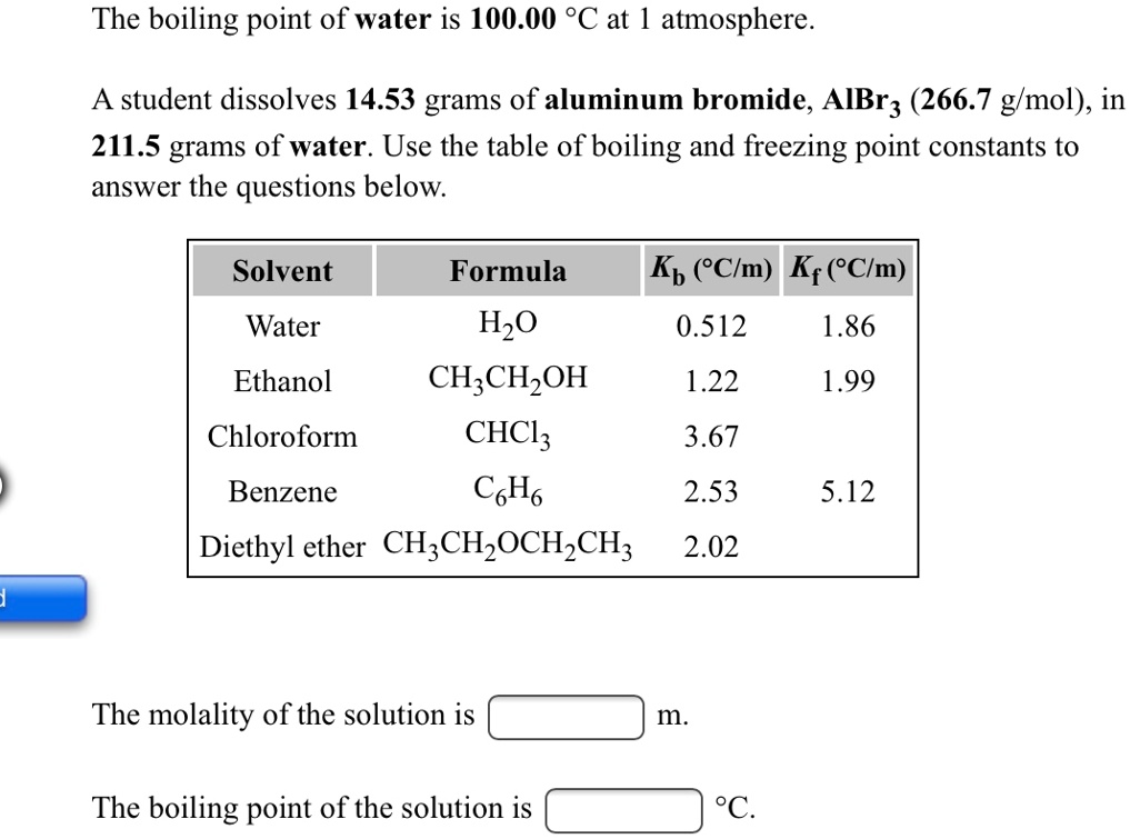 SOLVED The boiling point of water is 100.00 C at 1 atmosphere. A
