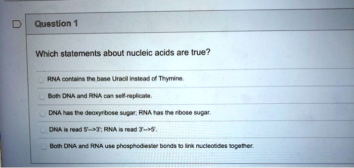 Which statements about nucleic acids are true?
RNA contains the base Uracil instead of Thymine.
Both DNA and RNA can self-replicate.
DNA has the deoxyribose sugar; RNA has the ribose sugar.
DNA is read 5'–>3'; RNA is read 3'–>5'.
Both DNA and RNA use phosphodiester bonds to link nucleotides together.