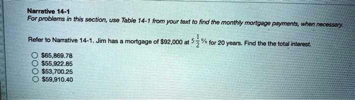 Narrative 14-1
For problems in this section, use Table 14-1 from your text to find the monthly mortgage payments, when necessary.
Refer to Narrative 14-1. Jim has a mortgage of 92,000 at 5 1/2 % for 20 years. Find the the total interest.65,869.78
55,922.8553,700.25
59,910.40