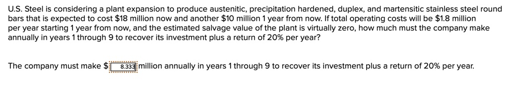 SOLVED: U.S. Steel is considering plant expansion to produce austenitic ...