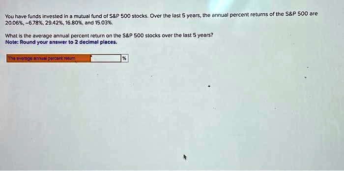 You have funds invested in a mutual fund of S   P 500 stocks. Over the last 5 years, the annual percent returns of the S   P 500 are 20.06%, -6.78%, 29.42%, 16.80%, and 15.03%.

What is the average annual percent return on the S   P 500 stocks over the last 5 years?
Note: Round your answer to 2 decimal places.

The average annual percent return %