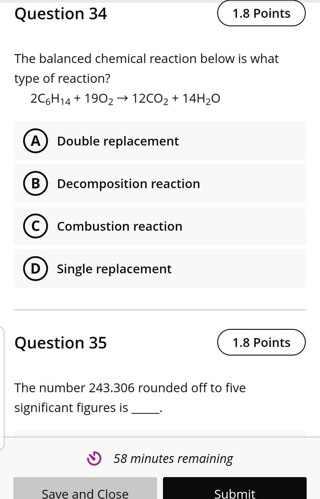 SOLVEDQuestion 34 1.8 Points The balanced chemical reaction below is