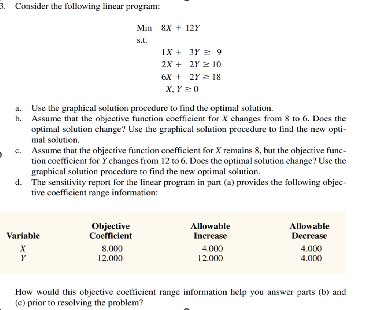 Consider the following linear program: Min 8X + 12Y s.t. 1X + 3Y â‰¤ 9 ...