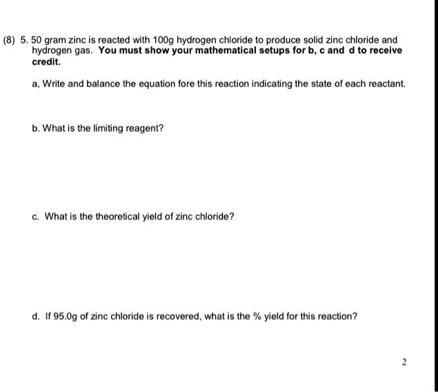 SOLVED 50 grams of zinc is reacted with 100 grams of hydrogen chloride