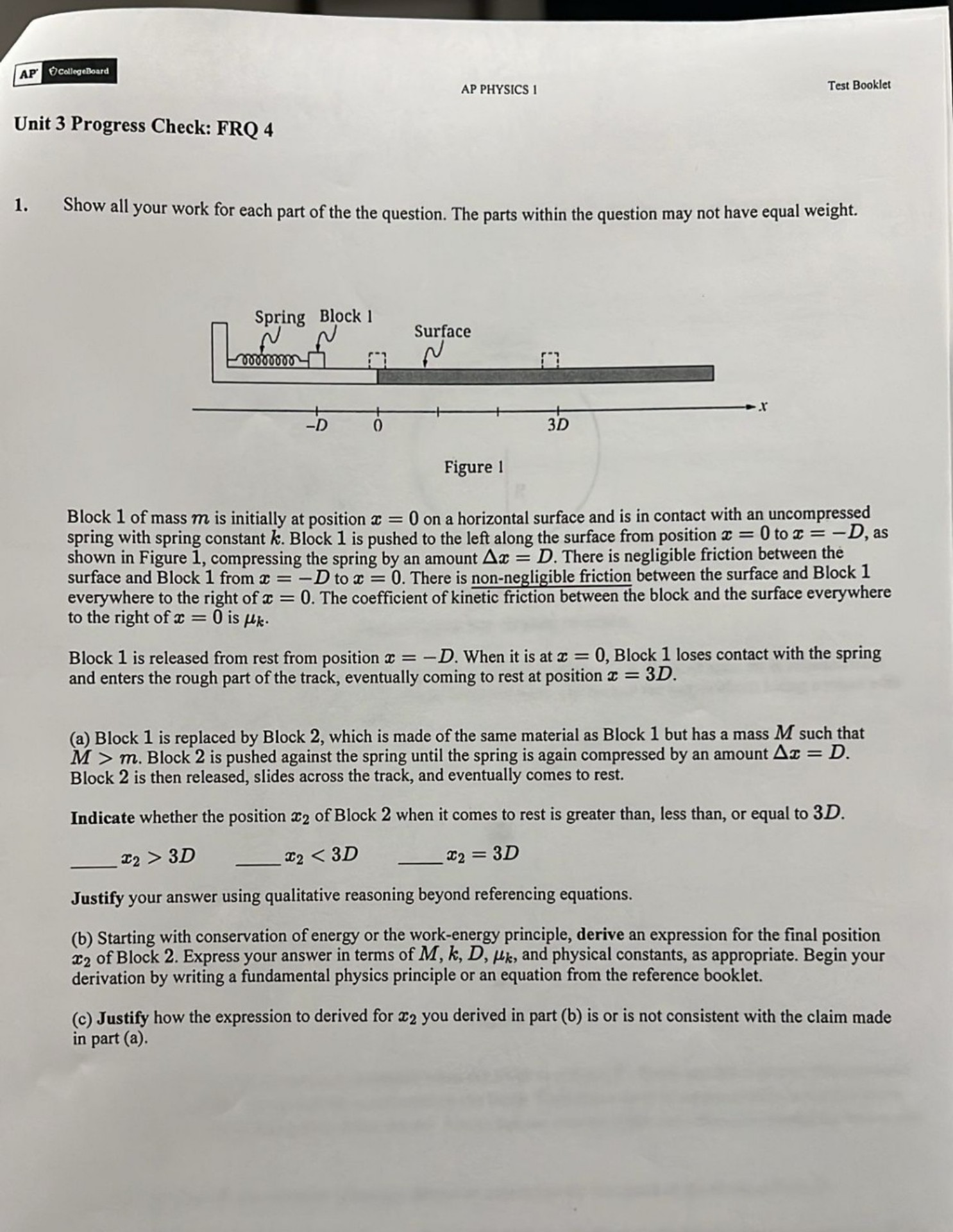 AP' OCollcgeBoard AP PHYSICS 1 Test Booklet Unit 3 Progress Check: FRQ ...