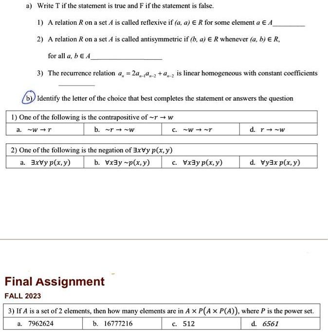 a) Write T if the statement is true and F if the statement is false.
1) A relation R on a set A is called reflexive if (a, a) ? R for some element a ? A
2) A relation R on a set A is called antisymmetric if (b, a) ? R whenever (a, b) ? R,
for all a, b ? A
3) The recurrence relation an = 2an-1 + an-2 is linear homogeneous with constant coefficients
(b) Identify the letter of the choice that best completes the statement or answers the question
1) One of the following is the contrapositive of ∼ r → w
a. ∼ w → r
b. ∼ r →∼ w
c. w →∼ r
d. r →∼ w
2) One of the following is the negation of ∃ x ∀ y  p(x, y)
a. ∃ x ∀ y  p(x, y)
b. ∀ x ∃ y ∼ p(x, y)
c. ∀ x ∃ y  p(x, y)
d. ∀ y ∃ x  p(x, y)
Final Assignment
FALL 2023
3) If A is a set of 2 elements, then how many elements are in A × P(A × P(A)), where P is the power set.
a. 7962624
b. 16777216
c. 512
d. 6561