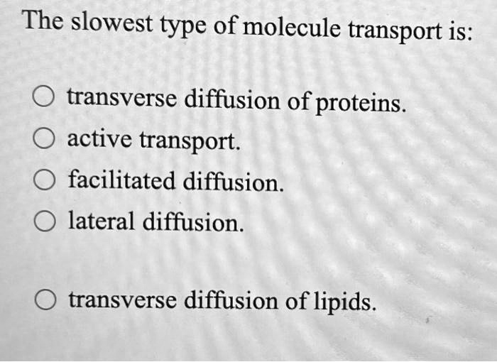 SOLVED The slowest type of molecule transport is transverse diffusion