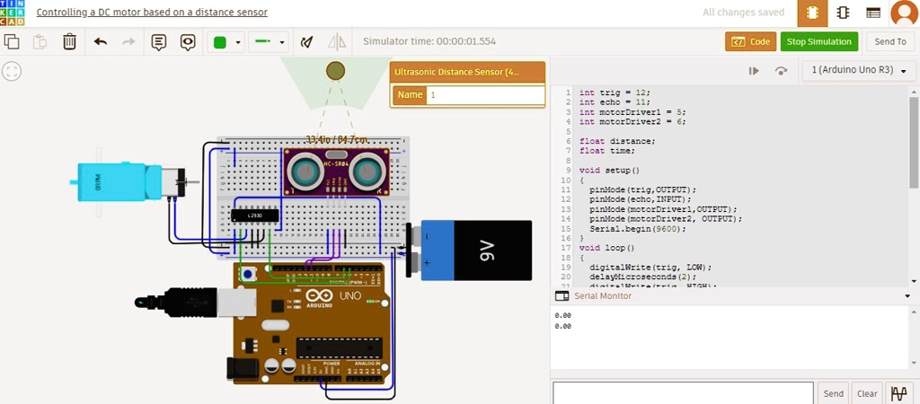 All changes saved Code Stop Simulation Send To ? 1 (Arduino Uno R3 ...
