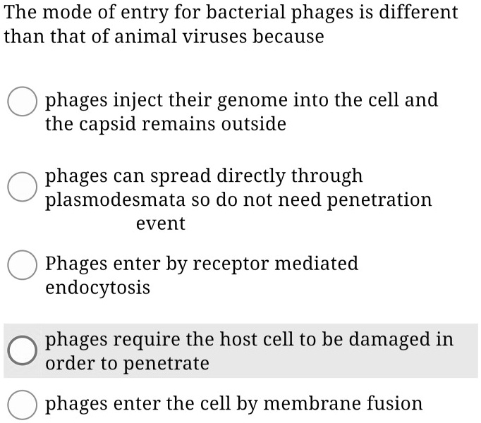 SOLVED: The mode of entry for bacterial phages is different than that ...