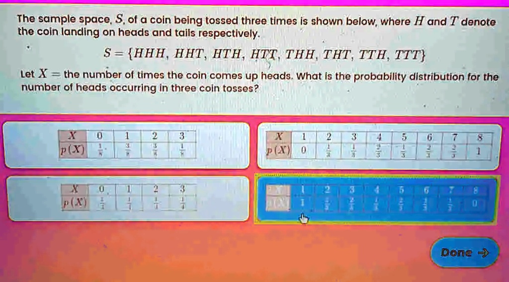 SOLVED The sample space S of a coin being tossed three times is