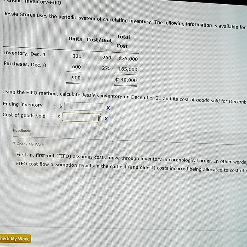 SOLVED Use the FIFO method to calculate Jessie's inventory on December