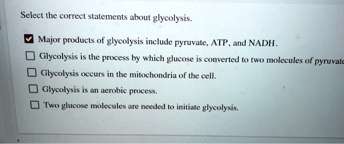Select the correct statements about glycolysis.
Major products of glycolysis include pyruvate, ATP, and NADH.
Glycolysis is the process by which glucose is converted to two molecules of pyruvate
Glycolysis occurs in the mitochondria of the cell.
Glycolysis is an aerobic process.
Two glucose molecules are needed to initiate glycolysis.