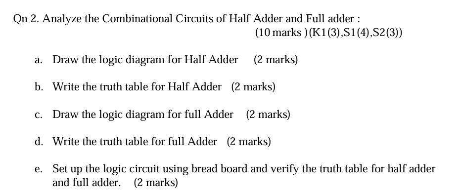 qn 2 analyze the combinational circuits of half adder and full adder 10 marks k13s14s23 a draw the logic diagram for half adder 2 marks b write the truth table for half adder 2 marks c draw  58856