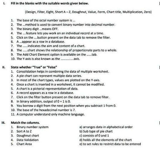 Fill in the blanks with the suitable words given below.
(Design, Filter, Eight, Short A-Z, Doughnut, Value, Form, Chart title, Multiplication, Zero)
1. The base of the octal number system is...
2. The....method is used to convert binary number into decimal number.
3. The binary digit...means OFF.
4. The ....feature lets you work on an individual record at a time.
5. Click on the....button present on the data tab to remove the filter.
6. A...appear as a row in a database.
7. The ......indicates the aim and content of a chart.
8. The......chart shows the relationship of proportionate parts to a whole.
9. The Add Chart Element option is available on the ......tab..
10. The Y-axis is also known as the................axis.
State whether T̈rueör F̈alse1̈. Consolidation helps in combining the data of multiple worksheet.
2. A pie chart can represent multiple data series.
3. In most of the chart types, values are plotted on the Y-axis.
4. Once a chart is inserted in a worksheet, it cannot be modified.
5. A chart is a pictorial representation of data.
6. A record appears as a row in a database.
7. Click on the filter button present on the data tab to remove filter.
8. In binary addition, output of 0 + 1 is 0.
9. You borrow a digit from the next position when you subtract 1 from 0.
10. The base of the hexadecimal number is 7.
11. A computer understand only machine language.
Match the columns.
1. Binary number system
2. Sort A to Z
3. Doughnut chart
4. Data Validation
5. Chart Area
a) arranges data in alphabetical order
b) Sub type of pie chart
c) consists of 0 and 1
d) holds all the elements of the chart
e) to set rules to restrict data to be entered