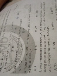 1. llang sentimelre anig koturbas ng 10 inetion?
A, 1

A. 2000  B. 25
C. 100
6100
the.
C. 25 ng 10000 miliitro?
A. 1
8. 10
C. 100
D. 10000 ang biniling prutas ma mugkokikigan?
A. 30
B. 300
C. 360
0. 31000