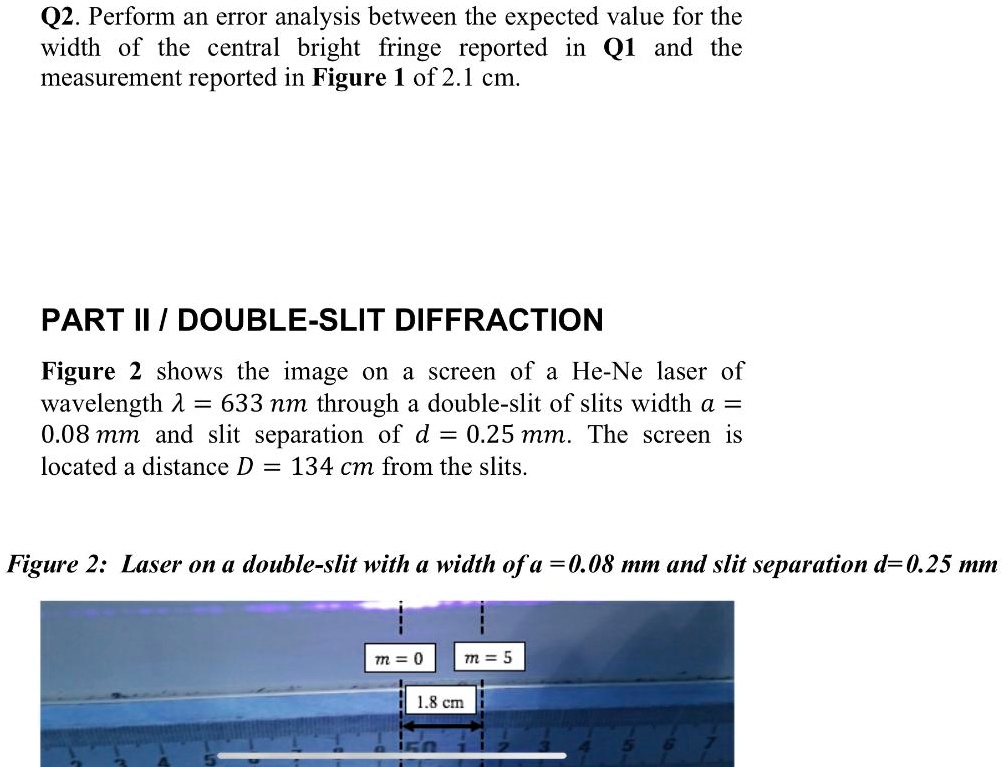 Solved Q2 Perform An Error Analysis Between The Expected Value For The Width Of The Central Bright Fringe Reported In Q1 And The Measurement Reported In Figure 1 0f 2 1 Cm Part Ii