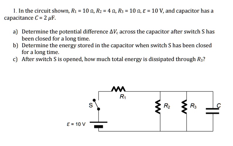 Capacitance Code R3 10c In the circuit shown, R1 = 10Ω, R2 = 4Ω, R3 = 10Ω, V = 10V, and the ...