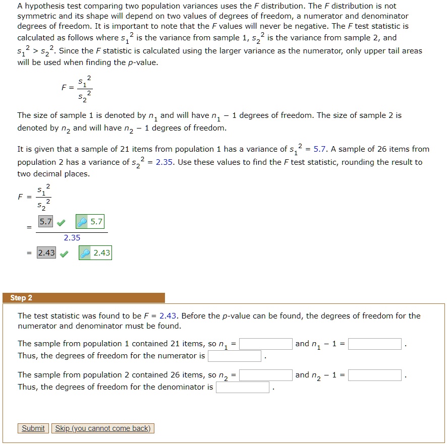 SOLVED Hypothesis Test Comparing Two Population Variances Uses The F solved-hypothesis-test-comparing-two-population-variances-uses-the-f