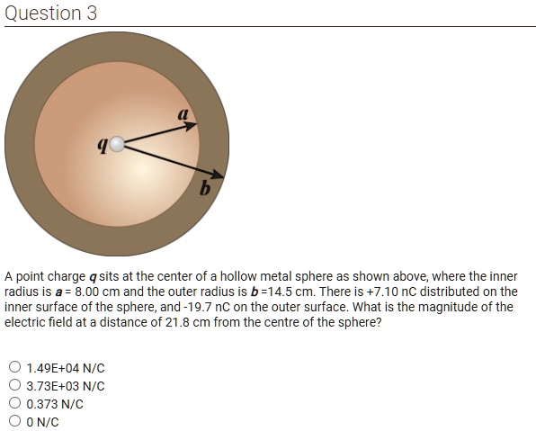 A point charge q sits at the center of a hollow metal sphere as shown above, where the inner radius is a = 8.00 cm and the outer radius is b = 14.5 cm. There is +7.10 nC distributed on the inner surface of the sphere, and -19.7 nC on the outer surface. What is the magnitude of the electric field at a distance of 21.8 cm from the centre of the sphere?
1.49E+04 N/C
3.73E+03 N/C
0.373 N/C
0 N/C