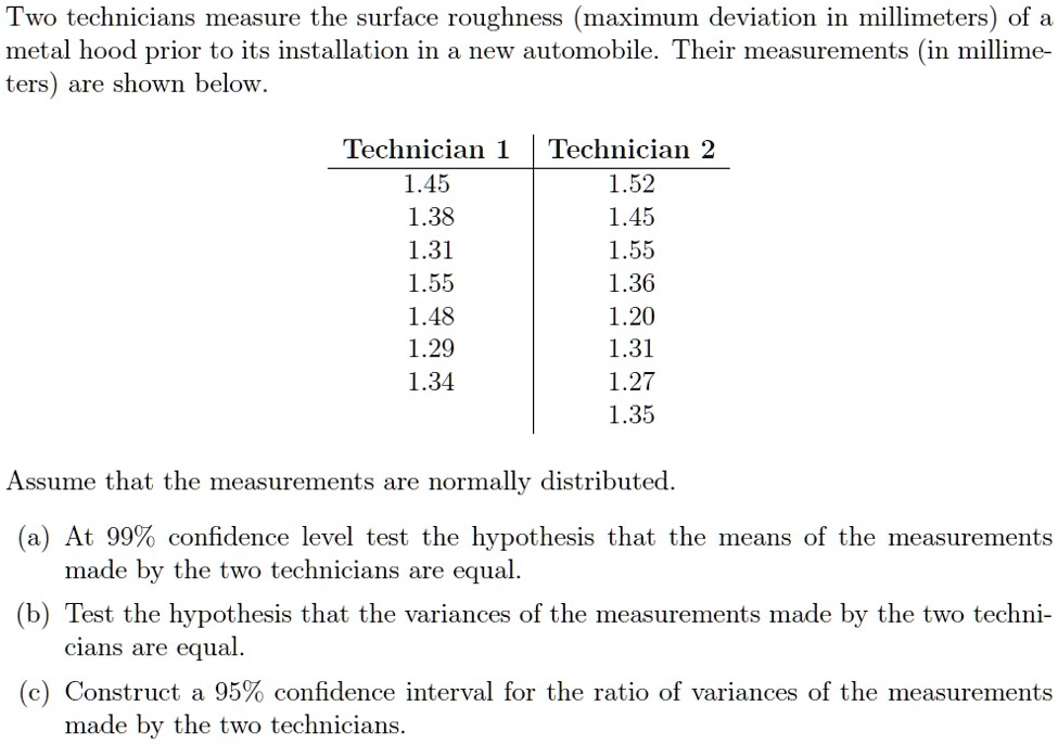 SOLVED Two technicians measure the surface roughness (maximum deviation in millimeters) of a