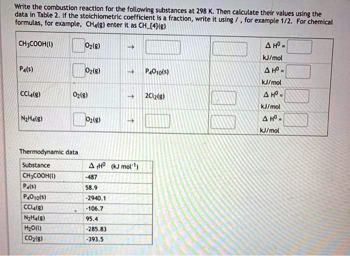 daite the combustion reaction for the following substances at 298 k ...