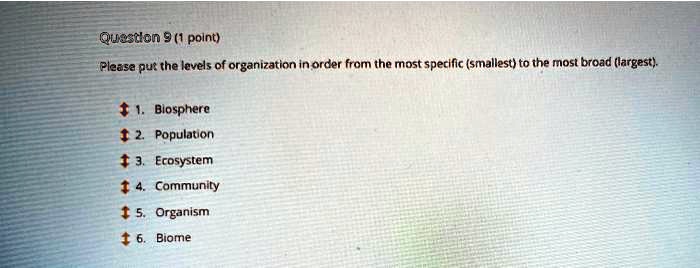 Please put the levels of organization in order from the most specific (smallest) to the most broad (largest).
1. Biosphere
2. Population
3. Ecosystem
4. Community
5. Organism
6. Biome