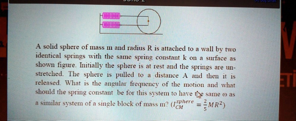 A solid sphere of mass M and radius R is attached to a wall by two ...