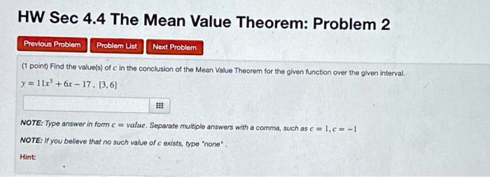 HW Sec 4.4 The Mean Value Theorem: Problem 2 Previous...