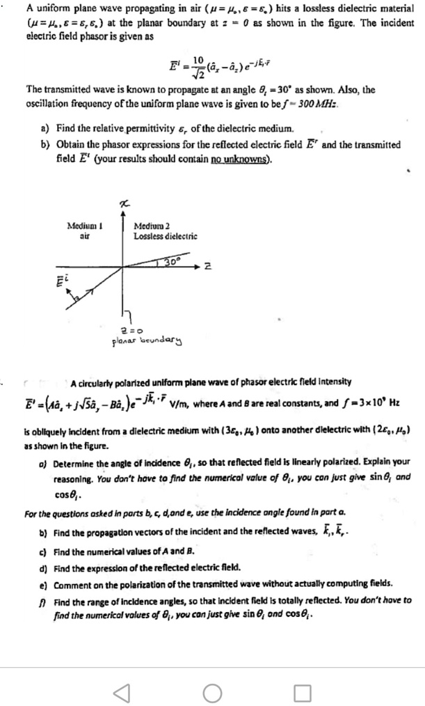 SOLVED: A uniform plane wave propagating in air(==hits a lossless ...