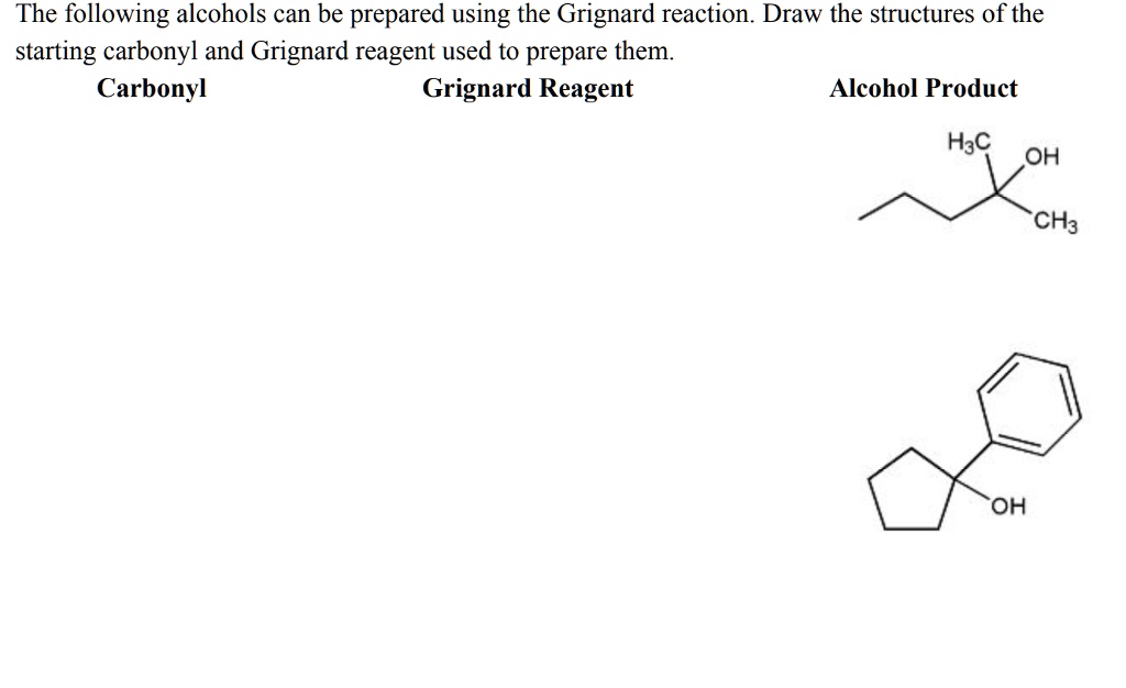 SOLVED The following alcohols can be prepared using the Grignard reaction. Draw the structures