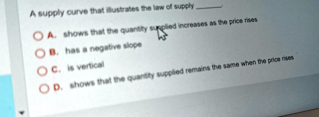 SOLVED: A supply curve that illustrates the law of supply: A. Shows ...