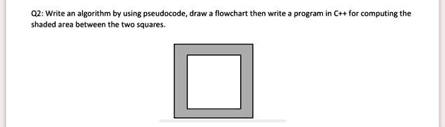 Q2: Write an algorithm by using pseudocode, draw a flowchart then write a program in C++ for computing the shaded area between the two squares.