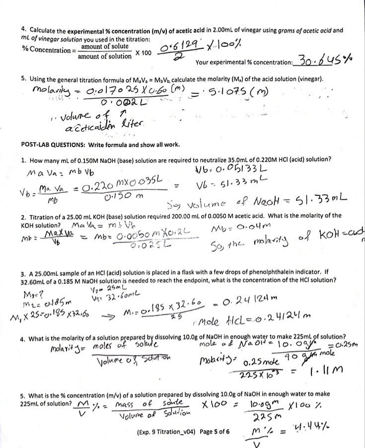 SOLVED Calculate the experimental concentration (m/v) of acetic acid