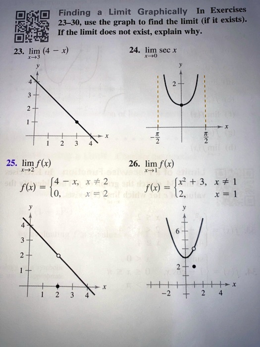 Finding a Limit Graphically In Exercises 23–30, use the graph to find the limit (if it exists). If the limit does not exist, explain why.
23. lim (4 - x)
x?3
24. lim sec x
x?0
25. lim f(x)
x?2
f(x) =  4 - x, x ? 2
 0, x = 2
26. lim f(x)
x?1
f(x) =  x^2 + 3, x ? 1
 2, x = 1