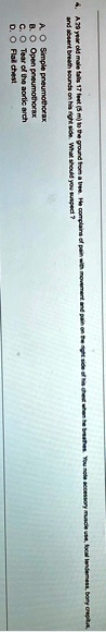 4 a 29 year old male falls 17 feet 5 m to the ground from a tree he complains of pain with movement and pain on the right side of his chest when he breathes you note accessory muscle use foc 73347