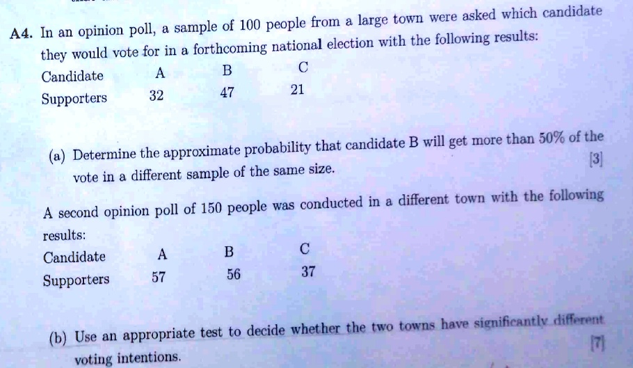A4. In an opinion poll, a sample of 100 people from a large town were asked which candidate they would vote for in a forthcoming national election with the following results:
Candidate A B C
Supporters 32 47 21
(a) Determine the approximate probability that candidate B will get more than 50% of the vote in a different sample of the same size.
A second opinion poll of 150 people was conducted in a different town with the following results:
Candidate A B C
Supporters 57 56 37
(b) Use an appropriate test to decide whether the two towns have significantly different voting intentions.