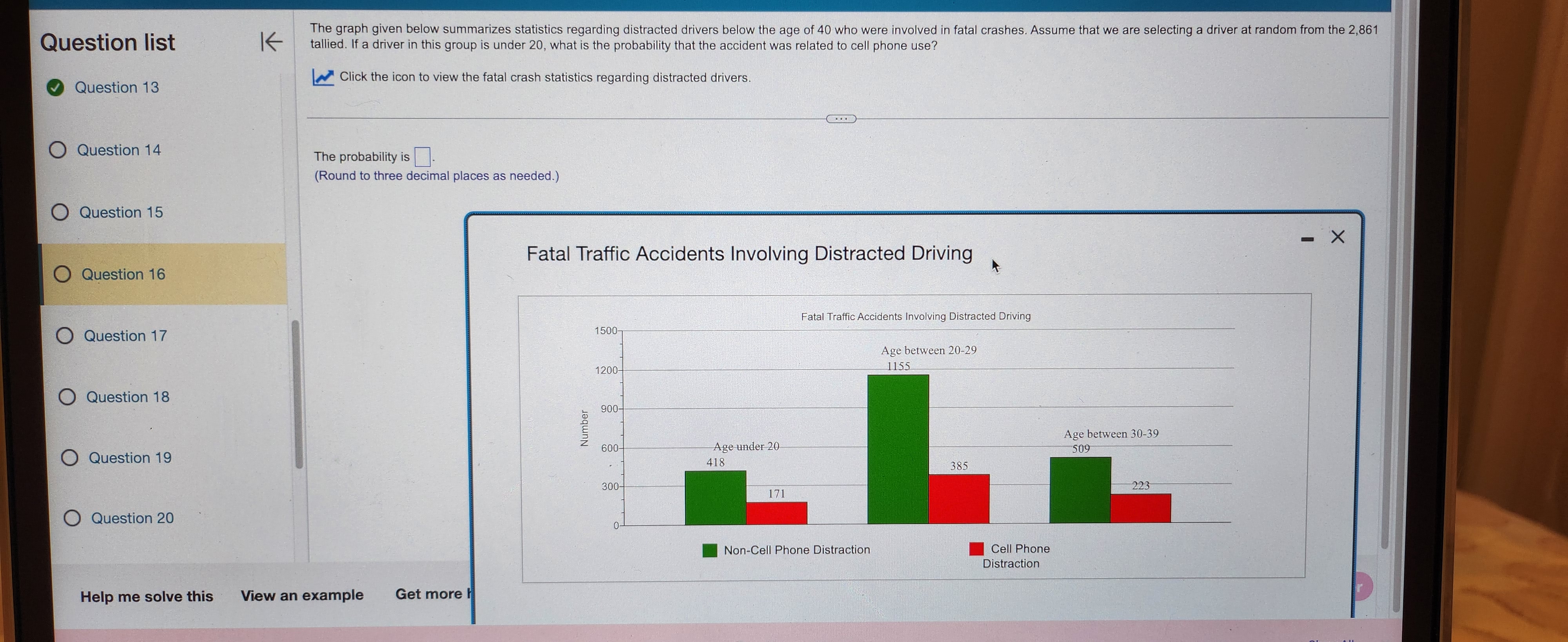 The graph given below summarizes statistics regarding distracted drivers below the age of 40 who were involved in fatal crashes. Assume that we are selecting a driver at random from the 2,861 tallied. If a driver in this group is under 20, what is the probability that the accident was related to cell phone use?

Click the icon to view the fatal crash statistics regarding distracted drivers.

The probability is
(Round to three decimal places as needed.)

Fatal Traffic Accidents Involving Distracted Driving
Number
Age under 20: 418 (Non-Cell Phone Distraction), 171 (Cell Phone Distraction)
Age between 20-29: 1155 (Non-Cell Phone Distraction), 385 (Cell Phone Distraction)
Age between 30-39: 509 (Non-Cell Phone Distraction), 223 (Cell Phone Distraction)