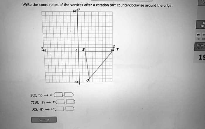 Write the coordinates of the vertices after a rotation 90 degrees  counterclockwise around the origin. 1. L(1, 4) to L' 2. M(1,8) to M' 3.  N(3,6) to N