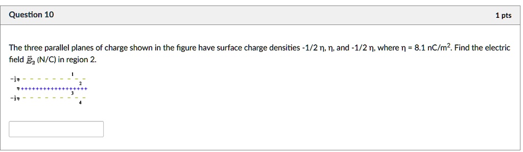 The three parallel planes of charge shown in the figure have surface charge densities -1/2 ?, ?, and -1/2 ?, where ? = 8.1 nC/m². Find the electric field ?? (N/C) in region 2.