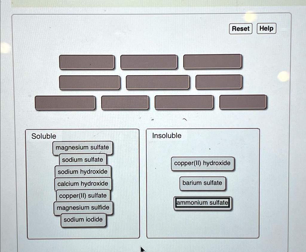 SOLVED Soluble Insoluble magnesium sulfate sodium sulfate copper(II