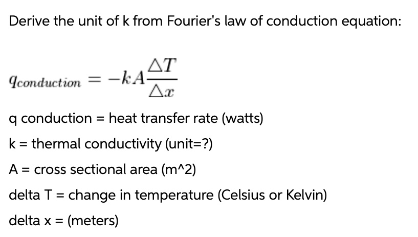 fouriers law of heat conduction derive the unit of k from fouriers law ...