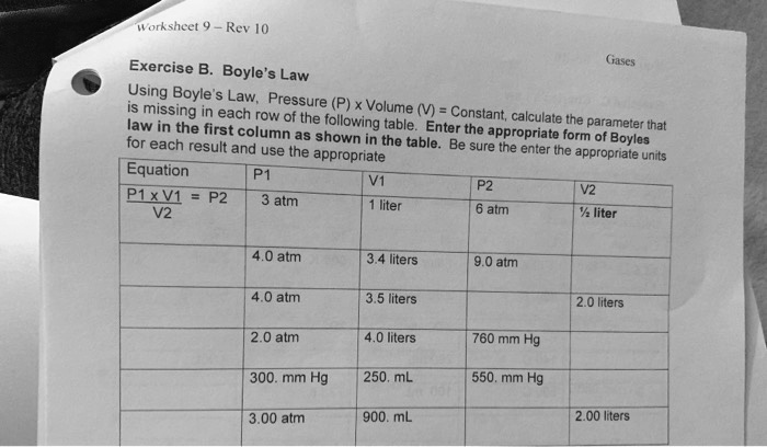 SOLVED: Exercise B: Boyle's Law Using Boyle's Law, calculate the ...