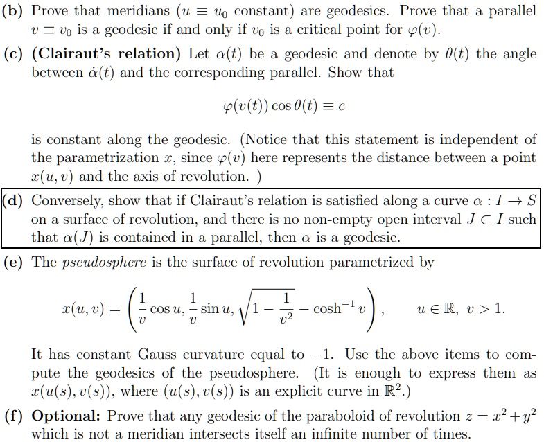 SOLVED: (b) Prove That Meridians (u Uo Constant) Are Geodesics Prove ...