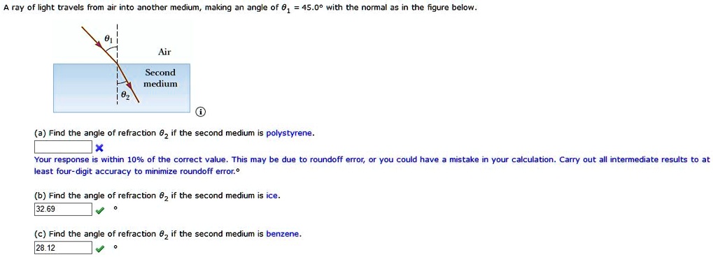 SOLVED: ray light travels from air into another medium making angle of ...