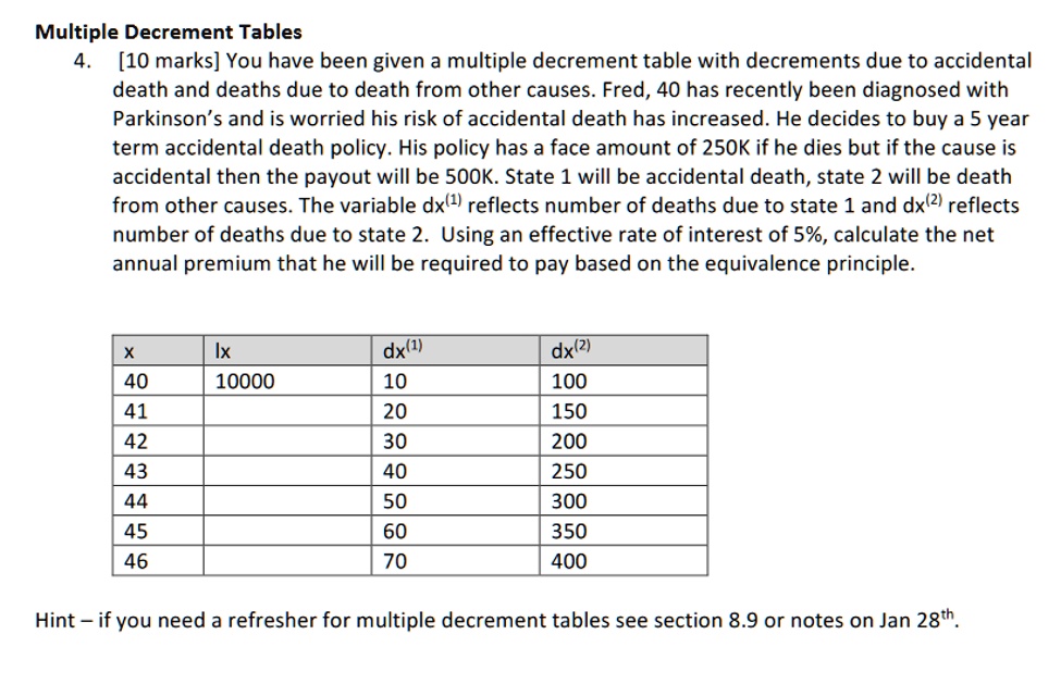 SOLVED: Multiple Decrement Tables [10 marks] You have been given a ...