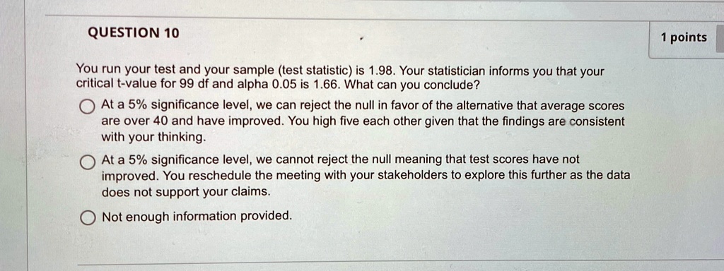 QUESTION 10
You run your test and your sample (test statistic) is 1.98. Your statistician informs you that your
critical t-value for 99 df and alpha 0.05 is 1.66. What can you conclude?
At a 5% significance level, we can reject the null in favor of the alternative that average scores
are over 40 and have improved. You high five each other given that the findings are consistent
with your thinking.
At a 5% significance level, we cannot reject the null meaning that test scores have not
improved. You reschedule the meeting with your stakeholders to explore this further as the data
does not support your claims.
Not enough information provided.
1 points