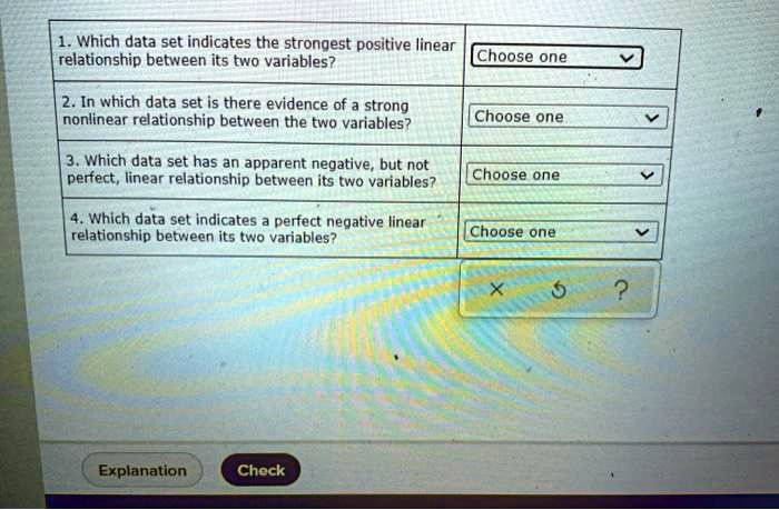 SOLVED: Which data set indicates the strongest positive linear ...