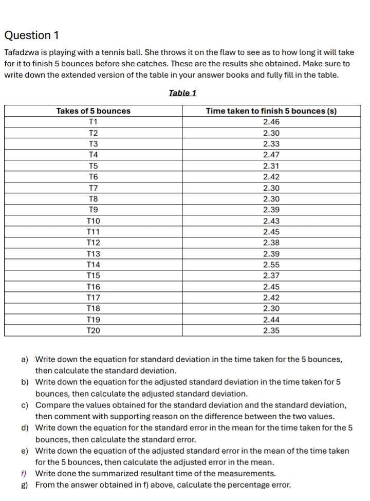 Question 1
Tafadzwa is playing with a tennis ball. She throws it on the flaw to see as to how long it will take for it to finish 5 bounces before she catches. These are the results she obtained. Make sure to write down the extended version of the table in your answer books and fully fill in the table.

Table 1
egintabular|l|l|
hline Takes of 5 bounces     Time taken to finish 5 bounces (s) hline T1     2.46 hline T2     2.30 hline T3     2.33 hline T4     2.47 hline T5     2.31 hline T6     2.42 hline T7     2.30 hline T8     2.30 hline T9     2.39 hline T10     2.43 hline T11     2.45 hline T12     2.38 hline T13     2.39 hline T14     2.55 hline T15     2.37 hline T16     2.45 hline T17     2.42 hline T18     2.30 hline T19     2.44 hline T20     2.35 hline
endtabular
a) Write down the equation for standard deviation in the time taken for the 5 bounces, then calculate the standard deviation.
b) Write down the equation for the adjusted standard deviation in the time taken for 5 bounces, then calculate the adjusted standard deviation.
c) Compare the values obtained for the standard deviation and the standard deviation, then comment with supporting reason on the difference between the two values.
d) Write down the equation for the standard error in the mean for the time taken for the 5 bounces, then calculate the standard error.
e) Write down the equation of the adjusted standard error in the mean of the time taken for the 5 bounces, then calculate the adjusted error in the mean.
f) Write done the summarized resultant time of the measurements.
g) From the answer obtained in f) above, calculate the percentage error.